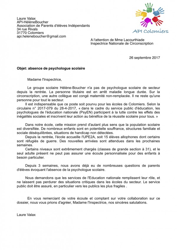 Demande d'affectation d'une psychologue scolaire  API Hélène Boucher
