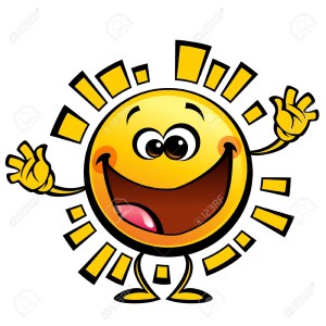 Shining yellow cute smiling sun cartoon character in happy welcome gesture