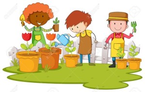 Gardeners planting tree and flower in garden illustration