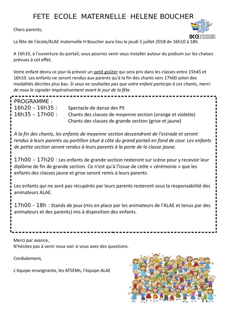 mot fête de l'école juillet 2018
