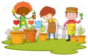 Gardeners planting tree and flower in garden illustration
